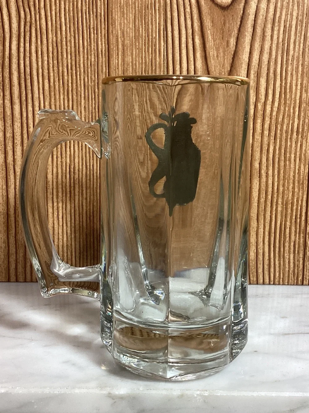 Clear Glass Golf-Themed Beer Stein with Gold Trim
